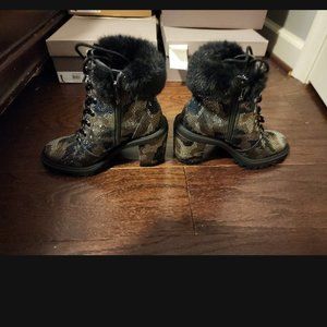 Jessica Simpson, Deliah Studded Block Heel Bootie with Faux Fur Trim, Green Comb